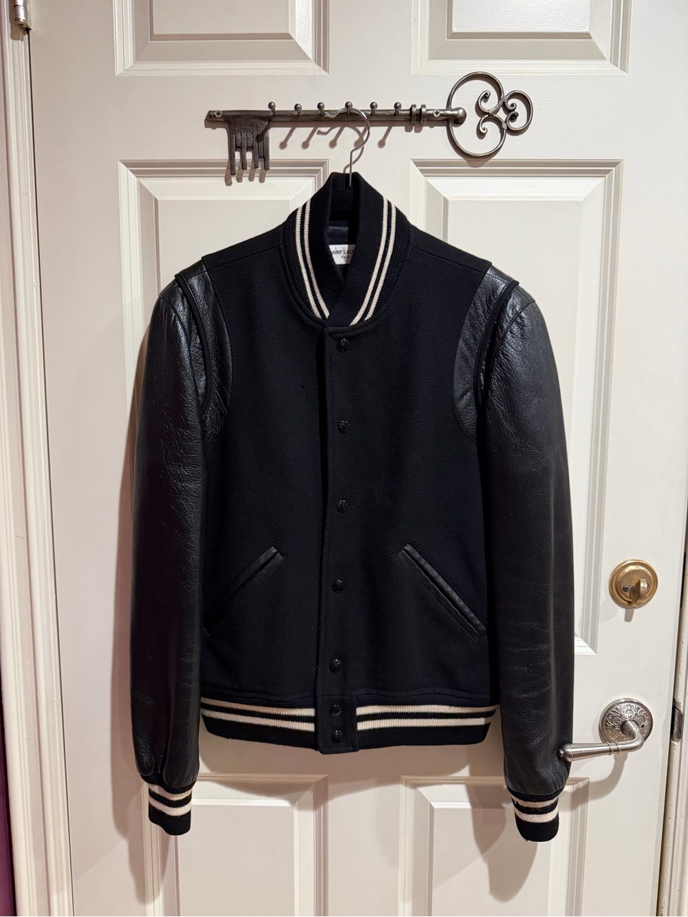 Saint Laurent Black Varsity Jacket with Cream Stripe Trim